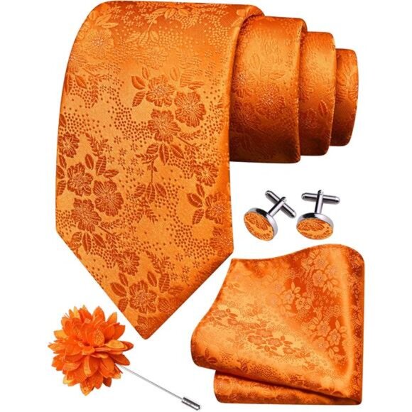 Mens Lapel Pin Necktie Hankerchief Cufflinks Set Orange - Picture 1 of 5
